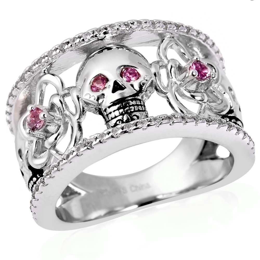 Skull And Flowers Pink White Zircon Ring Size 6